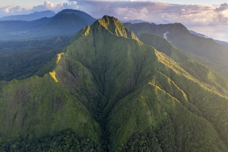 Aerial View At Sunrise Morne Trois Pitons National Park Dominica Real Estate In Tropical Belize